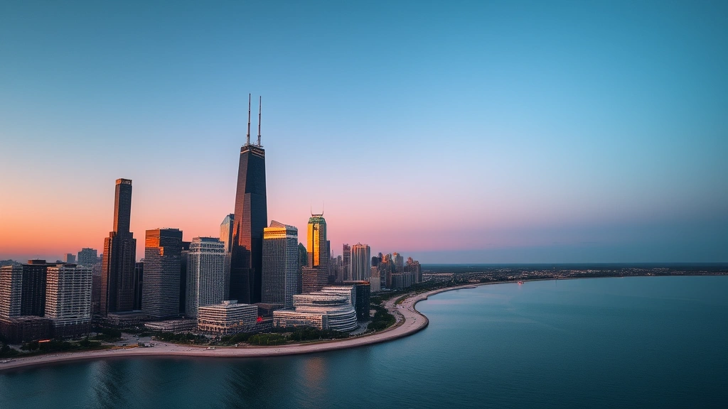 Chicago cityscape at dusk with Lake Michigan waterfront, skyline featuring Willis Tower and modern buildings reflected in water, aerial photography perspective