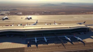 Aerial view of Phoenix Sky Harbor International Airport terminal with morning sunlight, commercial aircraft parked at gates, desert landscape visible in background
