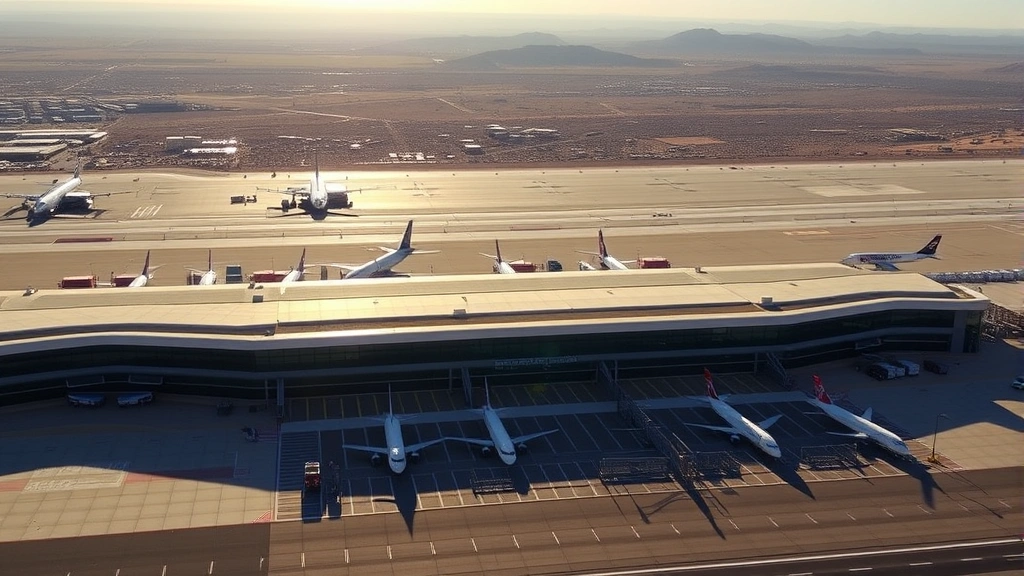 Aerial view of Phoenix Sky Harbor International Airport terminal with morning sunlight, commercial aircraft parked at gates, desert landscape visible in background