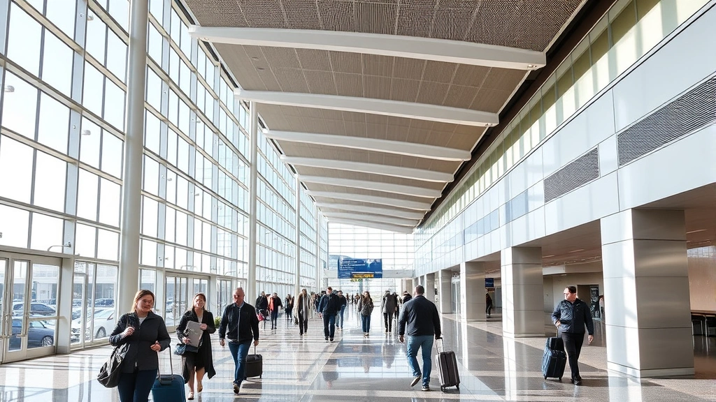 Passengers walking through modern Seattle-Tacoma International Airport terminal corridor with natural light, contemporary architecture, travelers with luggage moving through concourse