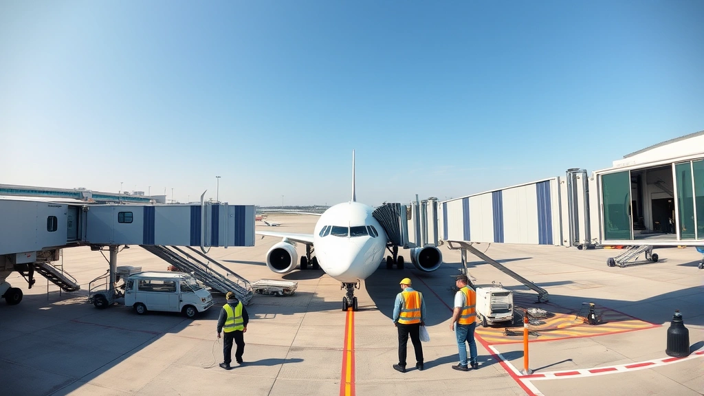 Wide-angle photograph of a modern airport terminal with jet bridges connecting to aircraft, showing ground crew in safety vests working near the gate area during daytime, clear skies, professional airport environment with minimal people visible in background