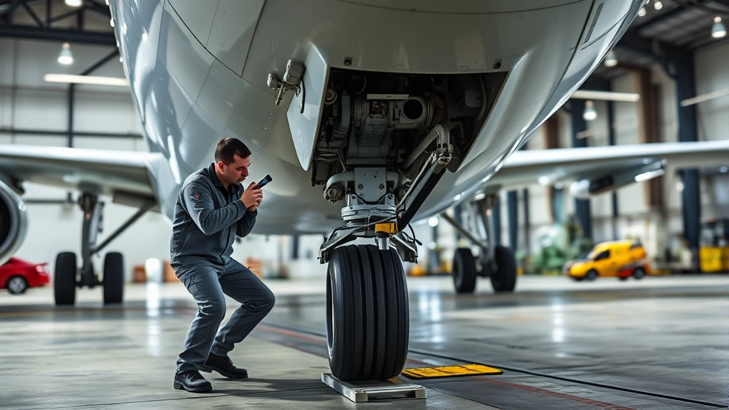 Detailed close-up photograph of an aircraft exterior during maintenance inspection, showing ground crew member inspecting landing gear and wheel well area with flashlight, aircraft fuselage in background, industrial maintenance facility lighting
