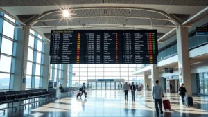 Pittsburgh International Airport terminal with departures board, modern architecture, natural daylight streaming through windows, travelers with luggage walking through terminal