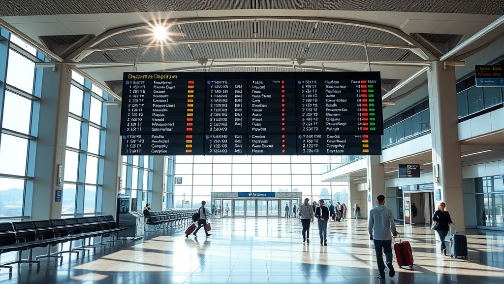 Pittsburgh International Airport terminal with departures board, modern architecture, natural daylight streaming through windows, travelers with luggage walking through terminal