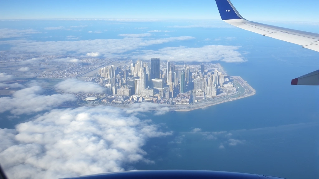 Chicago skyline view from airplane window during daytime flight, clouds below, Lake Michigan visible, modern aircraft wing in frame, urban cityscape