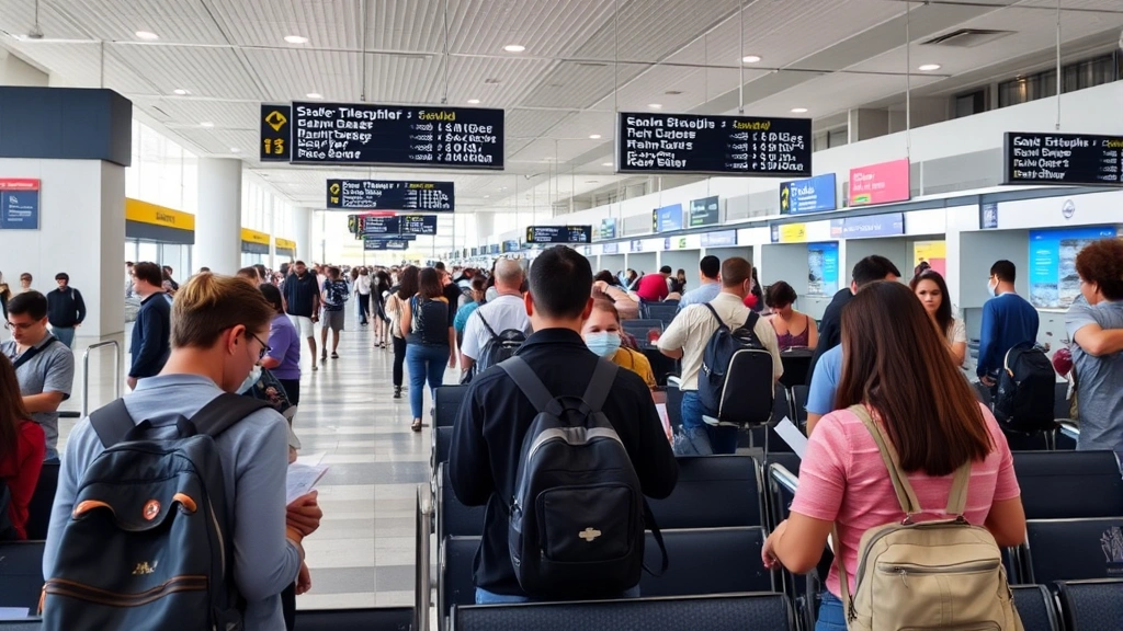 Airport gate area with travelers checking boarding passes, departure signs visible overhead, modern seating, natural lighting, diverse passengers preparing for flight