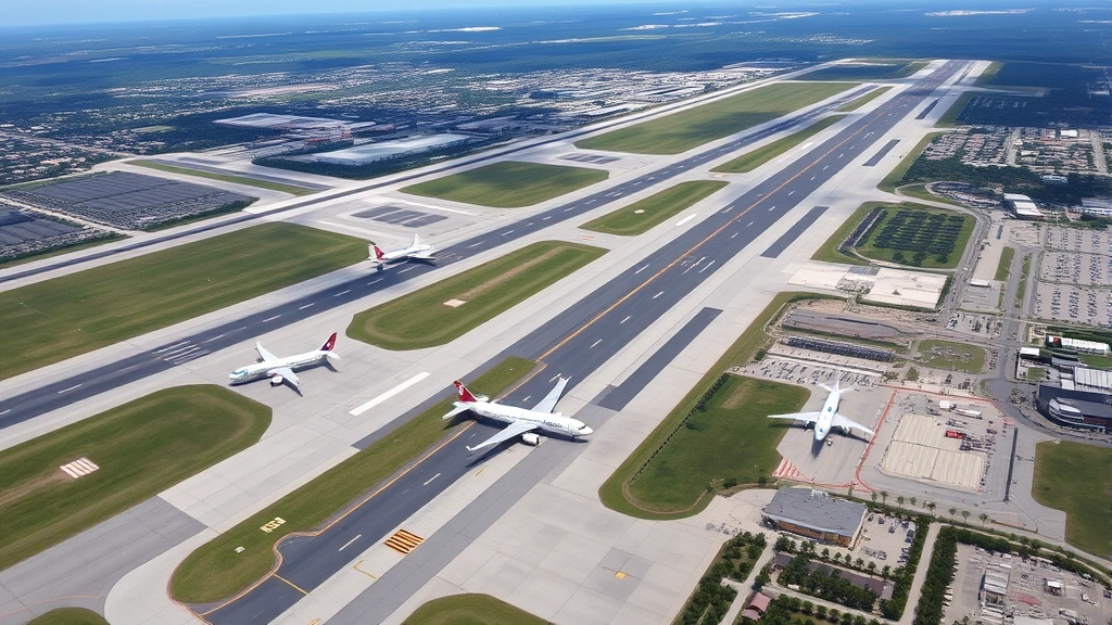 Aerial photograph of Orlando International Airport with multiple runways, taxiing aircraft, and surrounding Florida landscape with palm trees and green terrain