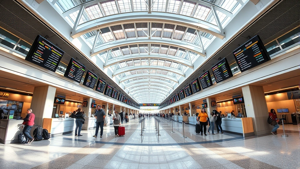 Wide-angle view of Pittsburgh International Airport modern terminal departure hall with travelers at check-in counters, departure boards, and natural lighting