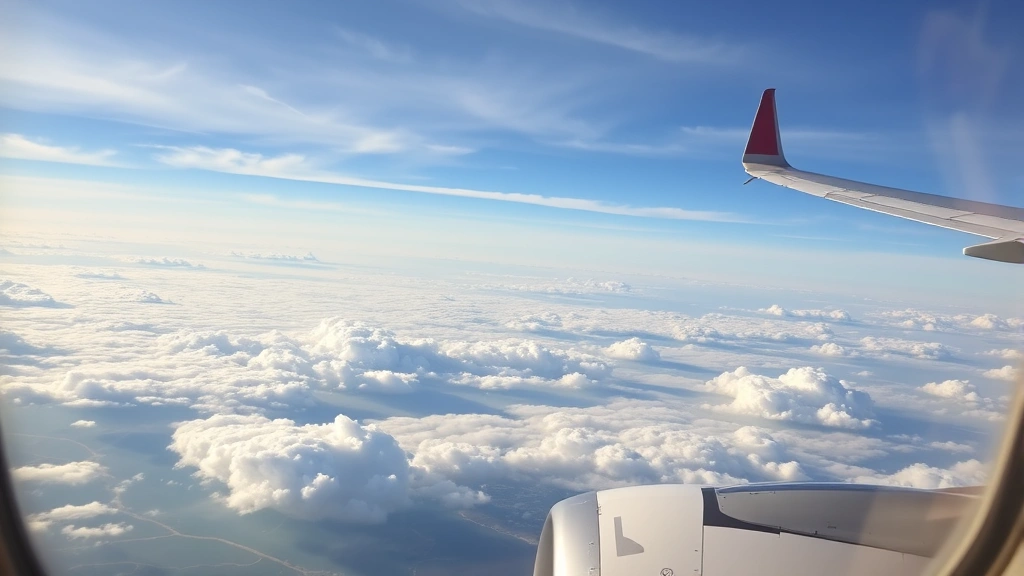 Close-up of aircraft window view showing wing and engines during flight over clouds above Florida landscape with distant horizon