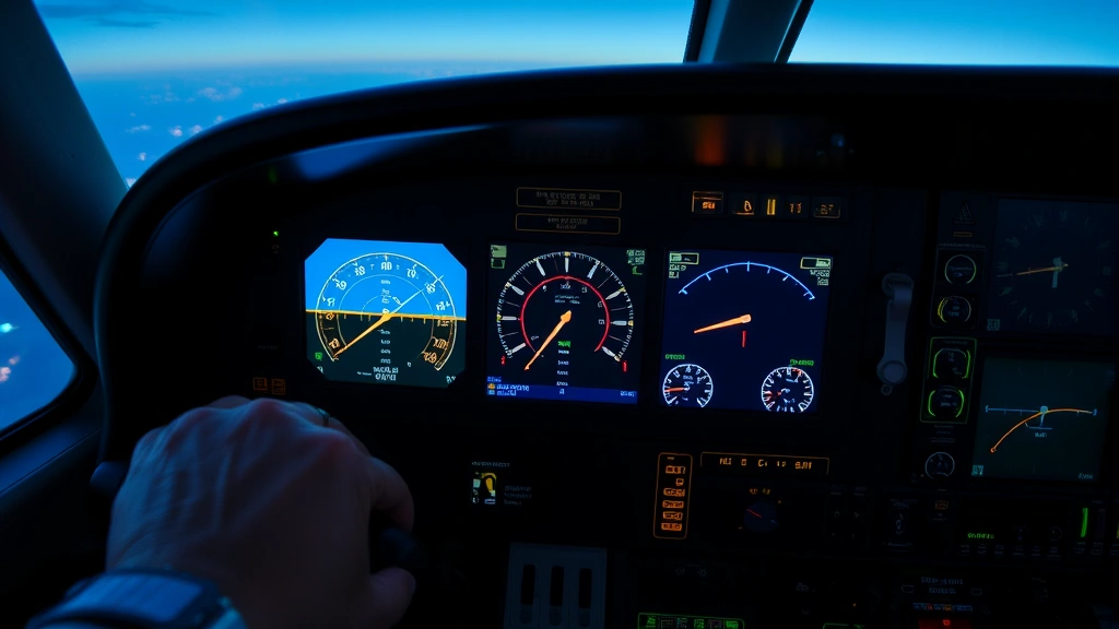 Modern aircraft glass cockpit interior with illuminated primary flight display screen showing artificial horizon, airspeed, and altitude indicators with blue and brown color scheme, pilot hand near control yoke