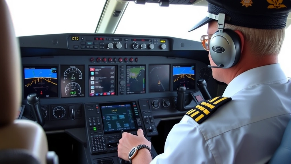 Pilot in commercial aircraft cockpit reviewing primary flight display during cruise flight, multiple displays visible, navigation information and course deviation indicator clearly shown on screen