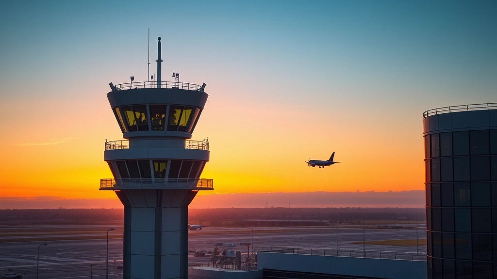 Photorealistic view of a San Diego airport control tower at sunset with aircraft visible in the distance, clear sky, modern air traffic control facility showing technological advancement and safety infrastructure