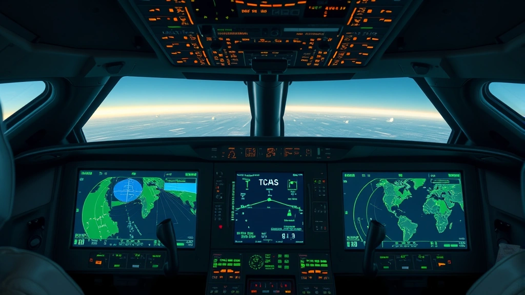 Detailed photorealistic image of modern aircraft cockpit avionics display showing TCAS traffic information, terrain warning systems, and navigation data with green and amber indicators on dark screens