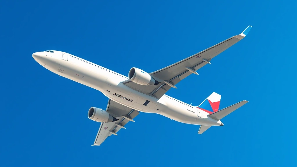 Photorealistic image of modern commercial aircraft in flight against bright blue sky, showing advanced fuselage design with winglets, representing modern aviation safety technology and reliable air transportation
