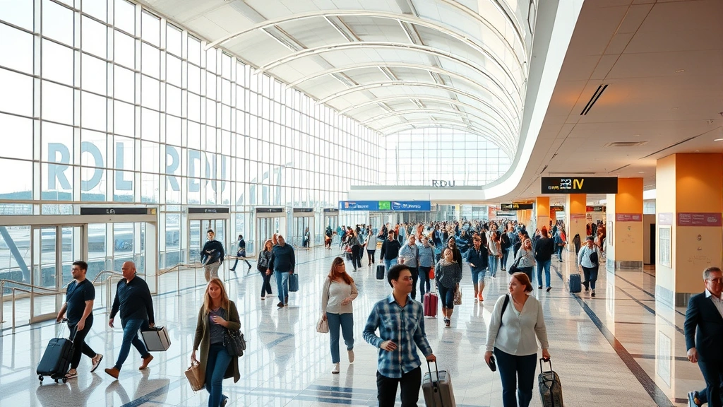 Busy RDU airport terminal with travelers walking through modern concourse area during daytime, natural lighting, people with luggage, contemporary architecture, photorealistic