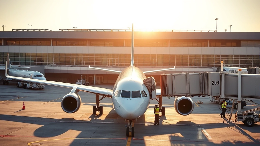 Commercial aircraft at gate preparing for departure at Raleigh-Durham airport, ground crew visible, afternoon sunlight, modern terminal building background, photorealistic travel scene