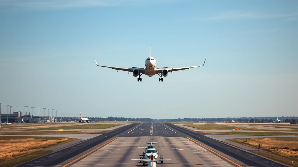 RDU airport runway with aircraft taking off toward horizon, clear sky, airport infrastructure visible, dynamic aviation scene, professional travel photography, no text elements