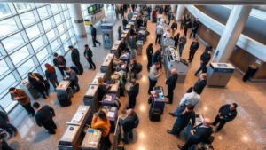 Overhead view of busy airport security checkpoint with passengers removing shoes and placing items in bins, modern terminal with professional TSA officers conducting screening