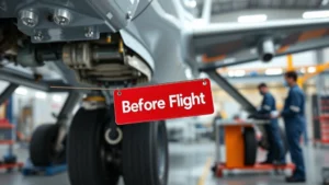Close-up of bright red 'Before Flight' maintenance tag attached to aircraft landing gear hydraulic system, professional maintenance facility setting with technicians in background