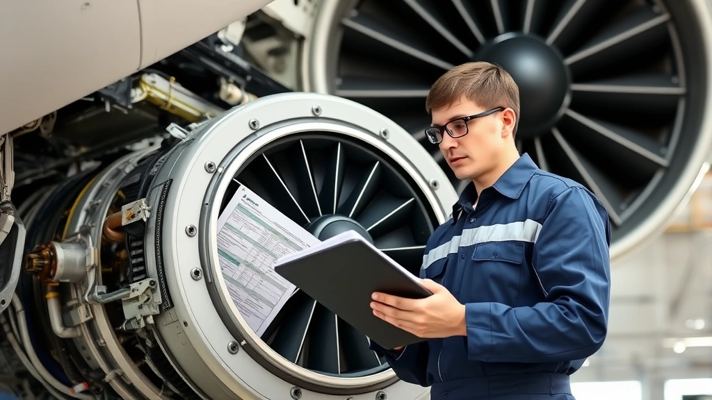 Licensed aircraft maintenance technician in uniform inspecting Boeing 737 engine compartment with maintenance documentation tablet, showing detailed inspection procedures