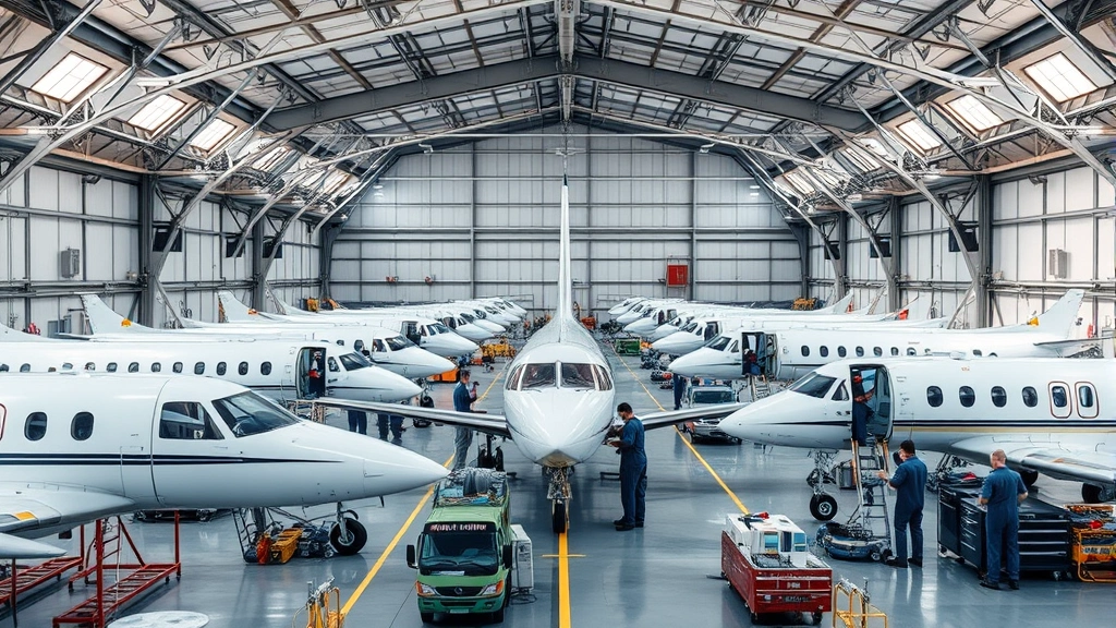 Aircraft maintenance hangar interior showing multiple work stations with mechanics performing pre-flight checks on various aircraft systems, organized and professional environment