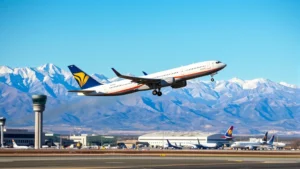 Photorealistic image of a modern commercial aircraft taking off from Reno-Tahoe International Airport with Sierra Nevada mountains in the background, clear blue sky, professional aviation photography