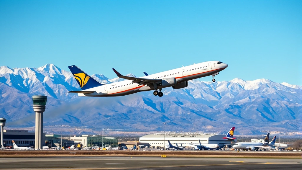 Photorealistic image of a modern commercial aircraft taking off from Reno-Tahoe International Airport with Sierra Nevada mountains in the background, clear blue sky, professional aviation photography