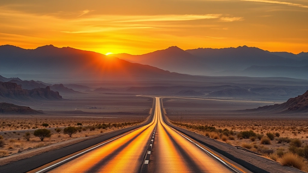 Photorealistic scene of Nevada desert landscape between Reno and Las Vegas with highway stretching toward distant mountains, sunset lighting, travel journey perspective
