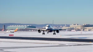Modern commercial aircraft taking off from Moscow Sheremetyevo International Airport with snow-covered runway and winter landscape in background, clear daylight, professional aviation photography