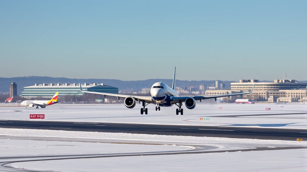 Modern commercial aircraft taking off from Moscow Sheremetyevo International Airport with snow-covered runway and winter landscape in background, clear daylight, professional aviation photography
