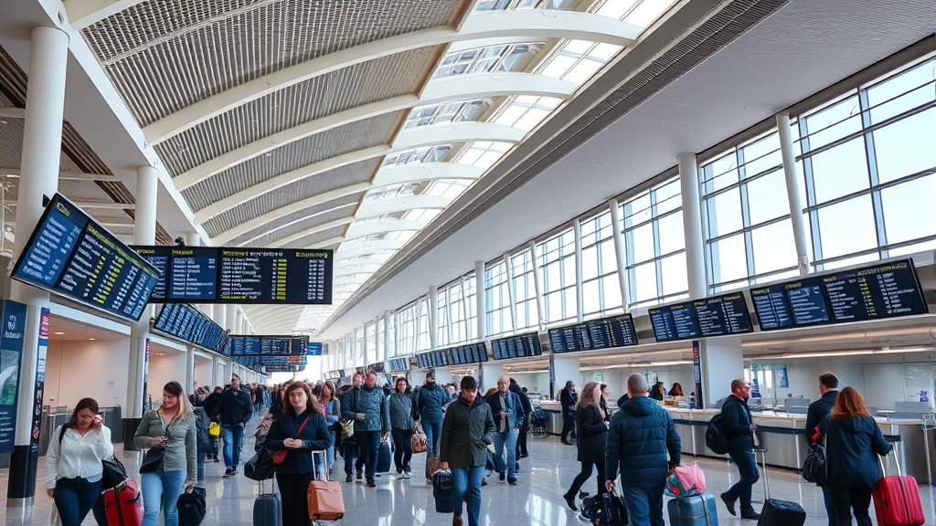 Busy airport terminal interior showing departure boards, travelers with luggage, check-in counters, and modern architecture typical of major Russian hub airports, natural lighting