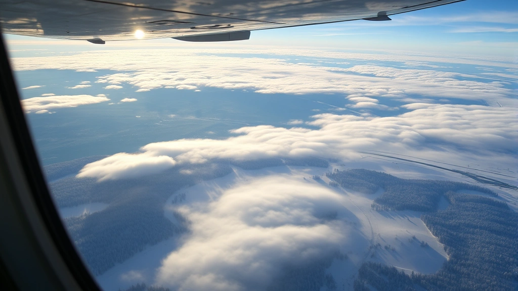 Aerial view of Russian landscape during flight showing vast forests, rivers, and winter scenery below aircraft window, realistic in-flight photography perspective