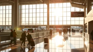 Sacramento International Airport departure hall with morning sunlight streaming through windows, travelers with luggage at check-in counters, modern airport architecture