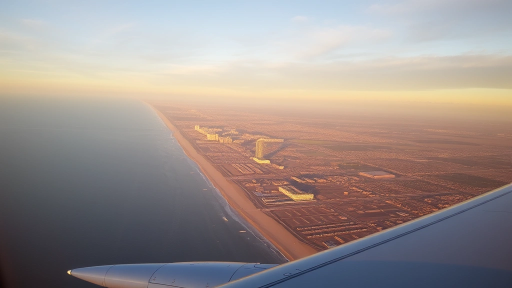 Aerial view of San Diego coastline with beaches, downtown skyline, and harbor visible below commercial aircraft wing during approach, golden hour lighting