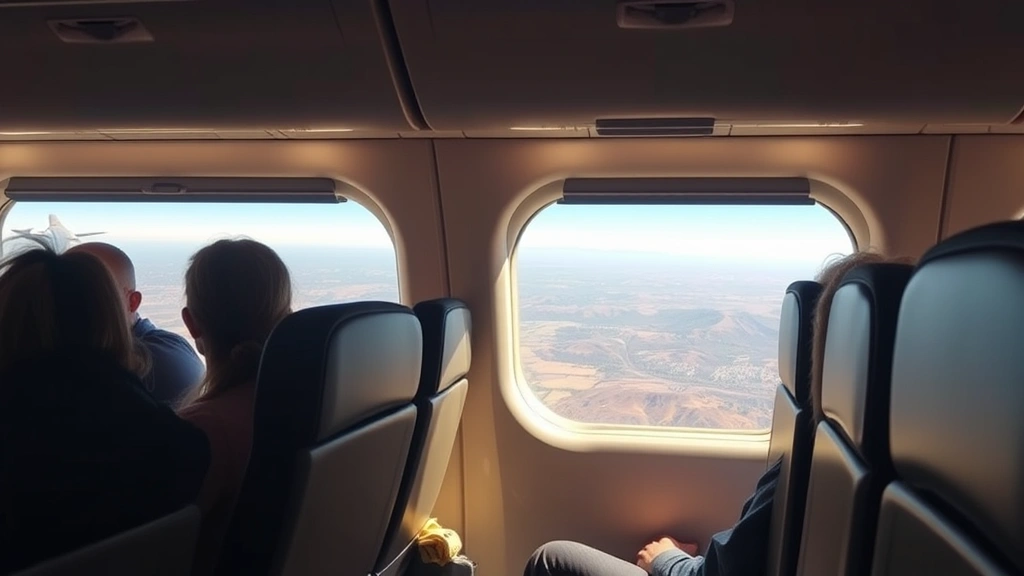 Airplane cabin interior during flight showing passengers settled in seats, window view of California landscape below, warm cabin lighting, realistic travel scene