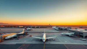 Aerial view of Sacramento International Airport tarmac with commercial aircraft parked at gates during golden hour, clear California sky, realistic photography