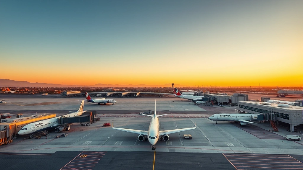 Aerial view of Sacramento International Airport tarmac with commercial aircraft parked at gates during golden hour, clear California sky, realistic photography