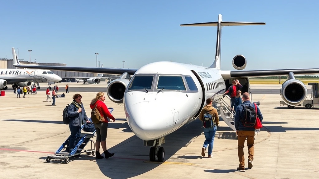 Passengers boarding a regional jet aircraft on the tarmac with ground crew and equipment visible, sunny California weather, authentic airline operations scene