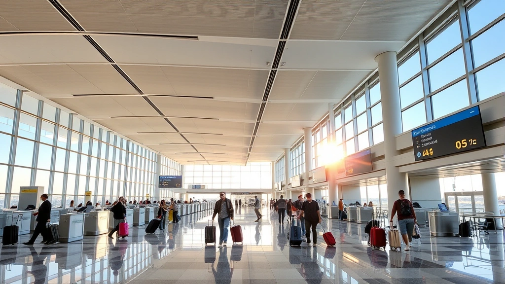 San Diego International Airport terminal interior with check-in counters, travelers with luggage, modern airport architecture, natural daylight streaming through windows