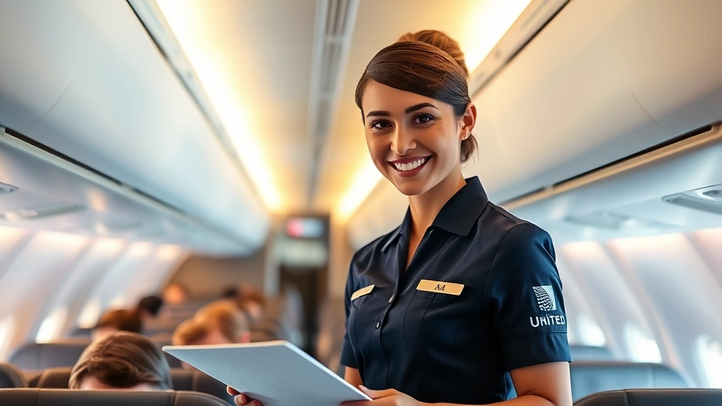 Professional flight attendant in United Airlines uniform serving passengers in modern aircraft cabin with warm lighting and comfortable seating visible in background