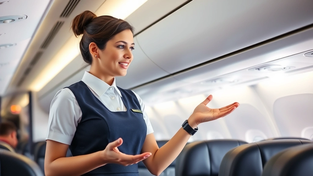 Female flight attendant conducting safety demonstration in spacious aircraft cabin with emergency equipment visible, showing professionalism and crew member expertise