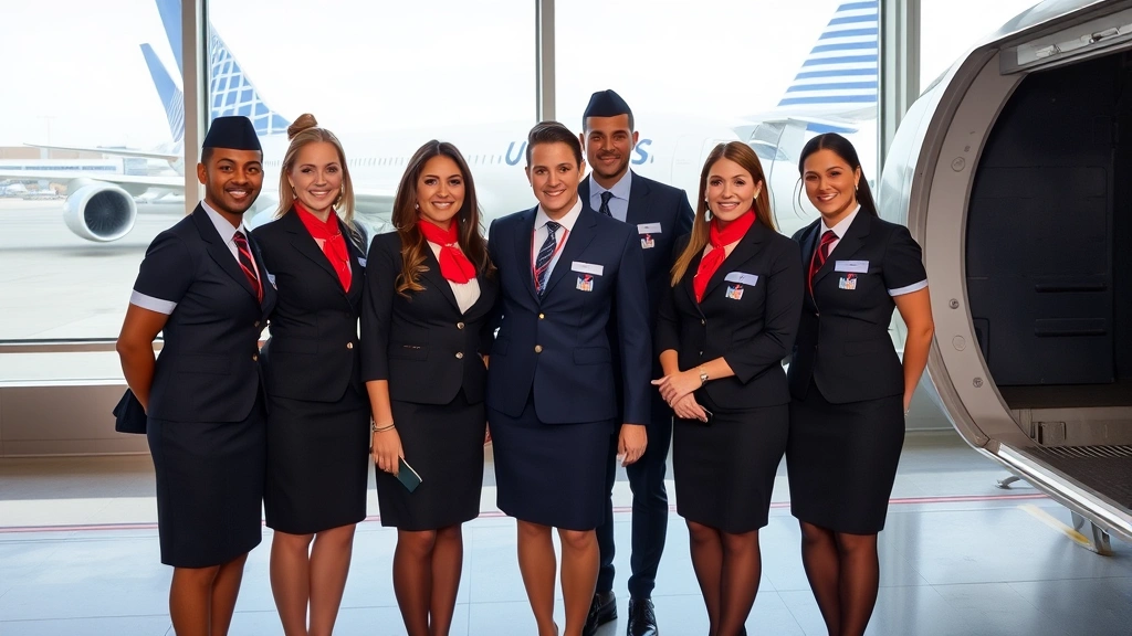 Diverse flight attendants in United Airlines uniforms standing together near aircraft door at major airport terminal with aircraft visible through windows in background