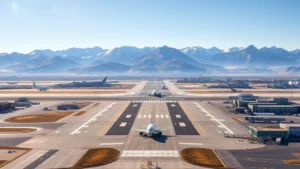 Aerial view of Salt Lake City International Airport runway with snow-capped Wasatch Mountains in background, early morning sunlight, commercial aircraft on tarmac