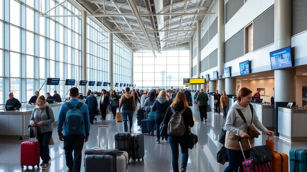 Seattle-Tacoma International Airport terminal interior with travelers at check-in counters, modern architecture, natural light from large windows, diverse passengers with luggage