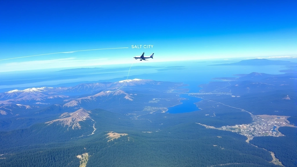 Pacific Northwest landscape showing flight path between Salt Lake City and Seattle, aerial view of mountains, forests, and Puget Sound, clear blue sky with aircraft silhouette