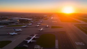 Aerial view of San Diego International Airport with multiple aircraft on tarmac and taxiway at sunset, showing runway activity and terminal buildings in background