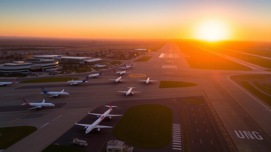 Aerial view of San Diego International Airport with multiple aircraft on tarmac and taxiway at sunset, showing runway activity and terminal buildings in background