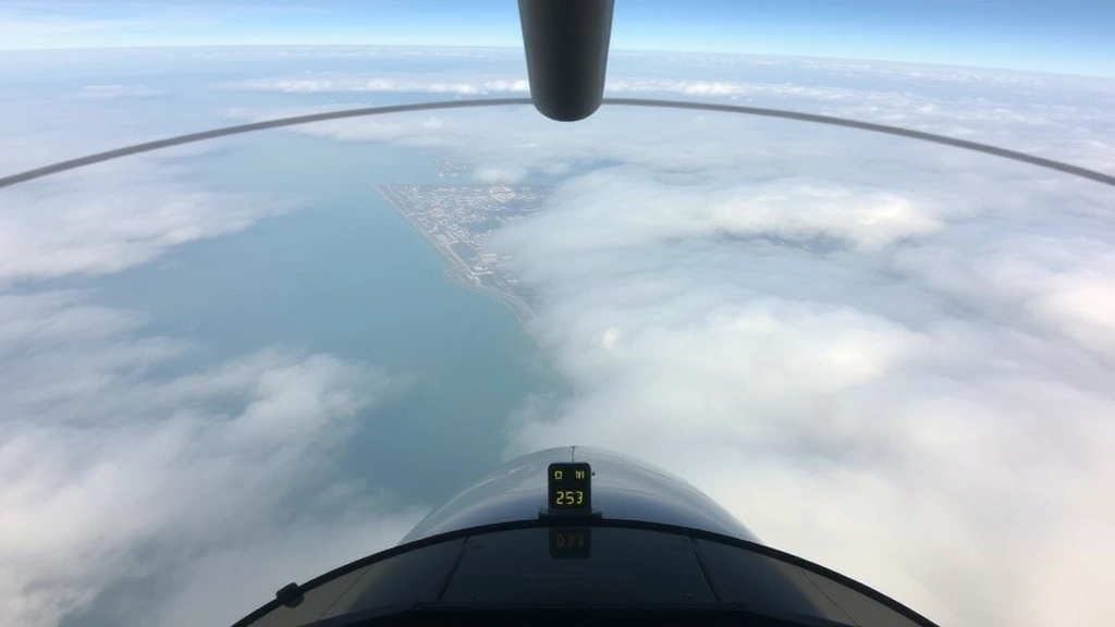Cockpit view from aircraft approaching San Diego airport with marine layer fog visible over coastal terrain, pilot perspective during descent with instruments visible