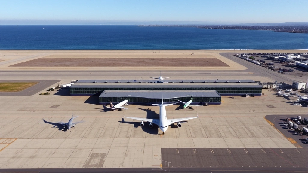 Aerial view of San Diego International Airport terminal with aircraft parked at gates, blue sky and California coastline visible in background, daytime professional photography