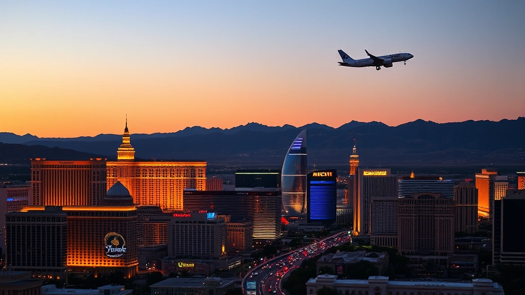 Las Vegas Strip skyline at dusk with iconic hotels and casinos illuminated, desert mountains in background, commercial airplane approaching Harry Reid International Airport